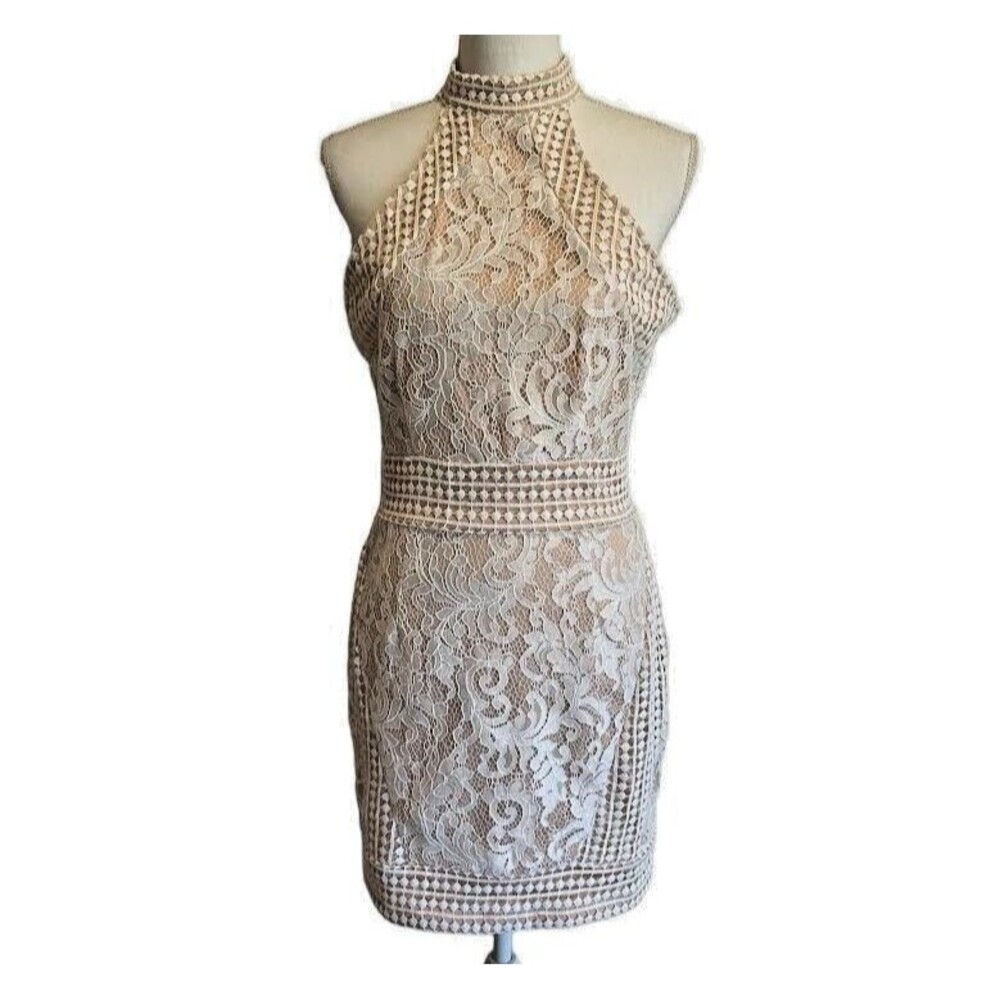 NWT PrettyLittleThing Women's 8  White High Neck Lace Crochet Bodycon Mini Dress